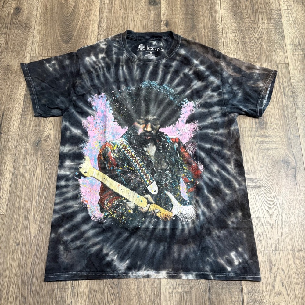 Get Down Art Jimi Hendrix T-Shirt Mens M Black Tie Dye Excellent Rock‎ Graphic